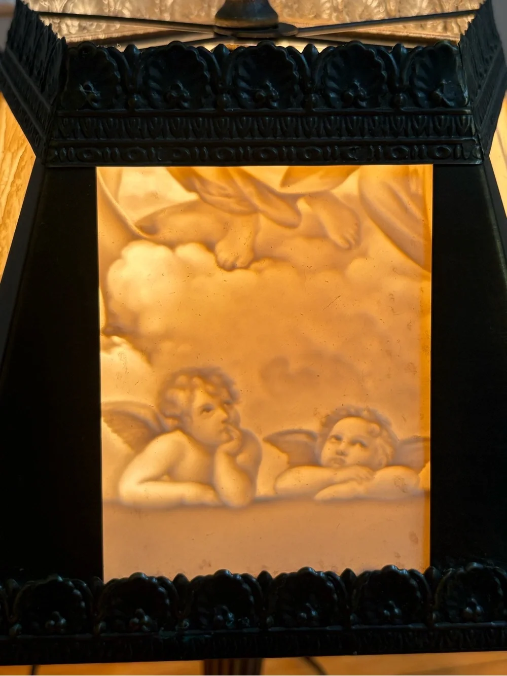 Vintage Lithophane Panel Table Lamp Cherub Angel Art Nouveau Victorian Revival